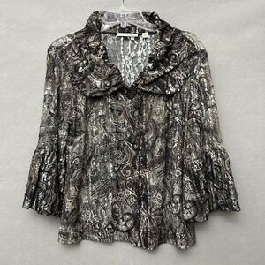 Whim Lace Paisley Top Womens L Black Gray Taupe Sheer Ruffle Bell Sleeve Blouse